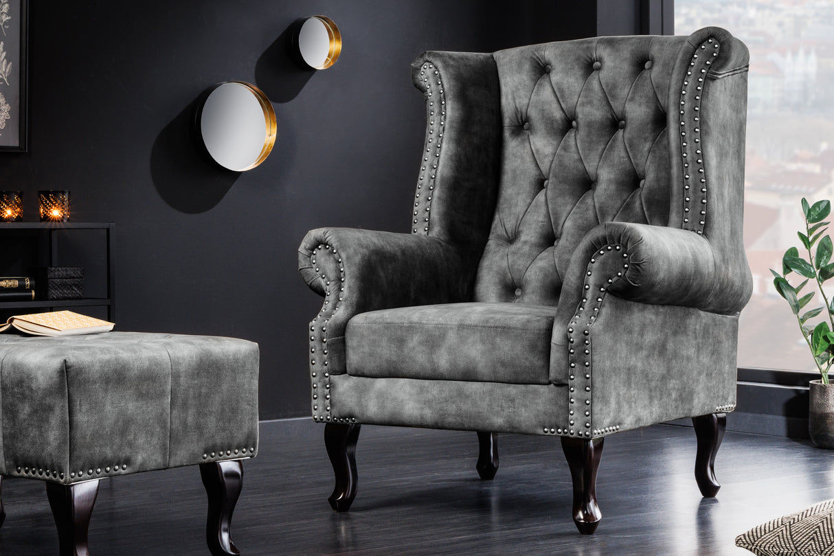 Wing chair CHESTERFIELD antique look velvet grey