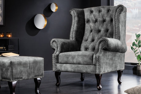 Ohrensessel CHESTERFIELD Antik-Look Samt grau