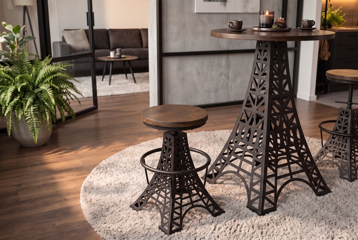 Bar stool PARIS LOFT 47-77cm Eiffel Tower design mango wood dark brown black