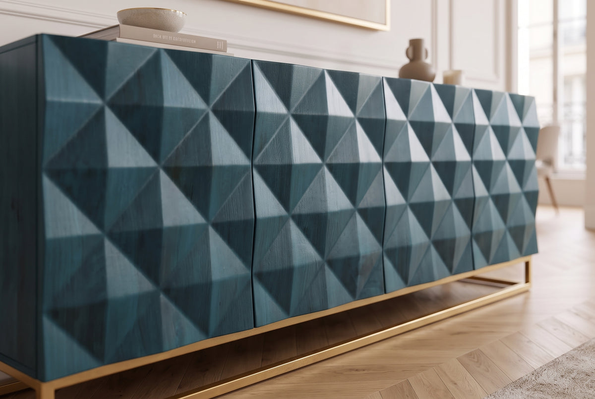 Sideboard VULCANO 180cm 3D front mango wood turquoise w/ gold metal frame