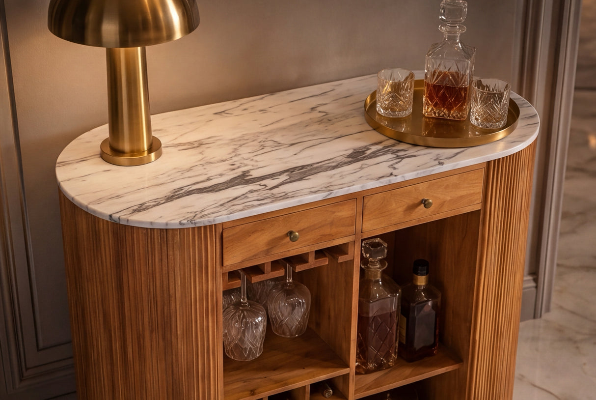 Bartisch TRES CHIC 120cm Mangoholz Natur mit weißem Marmor