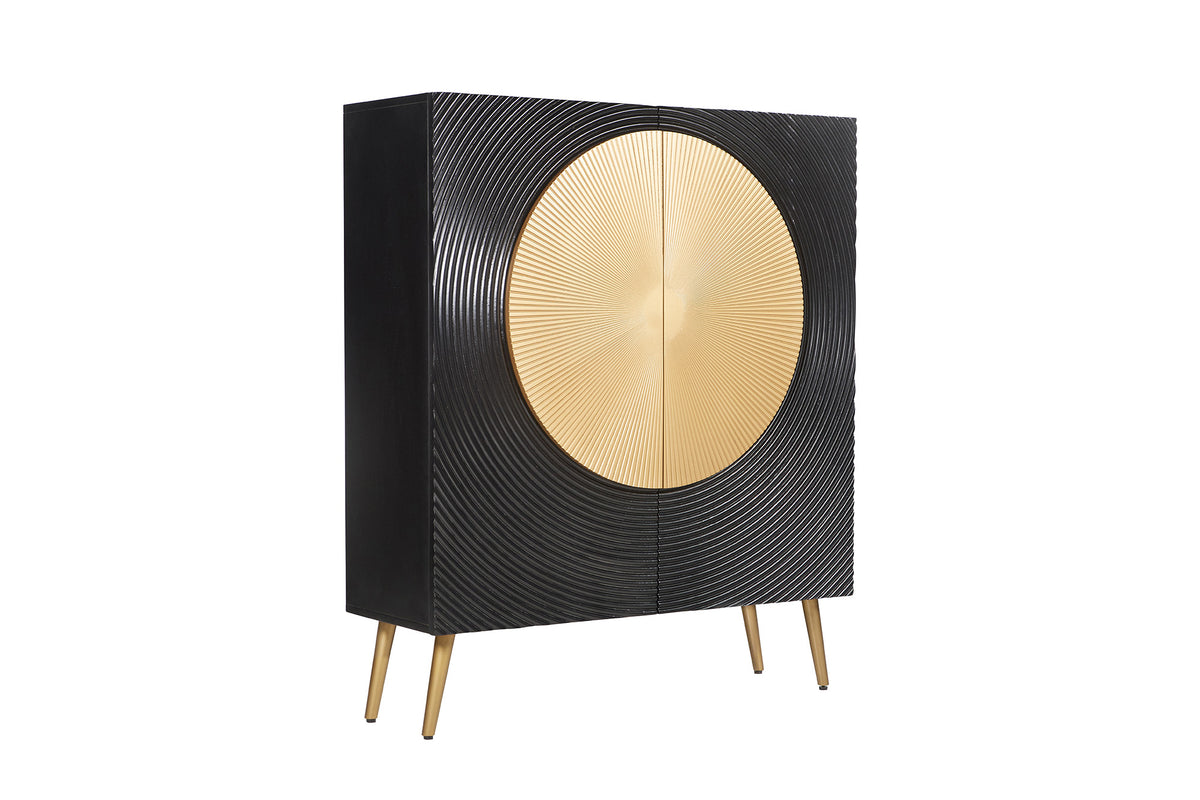 Highboard AURUM 120cm textured front gold circle accent mango wood black gold metal feet
