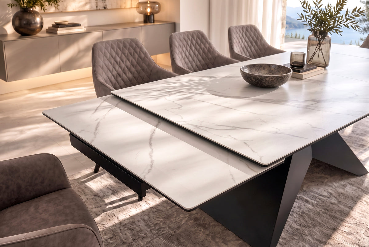 Dining table DIAMOND 180-260cm extendable ceramic matt white marble look w/ geometric black base